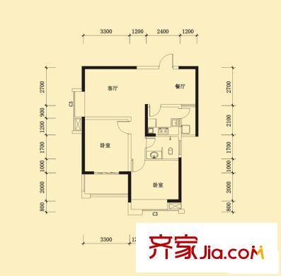 好望谷云邸11號棟C3戶型 2室2廳1衛(wèi)1廚