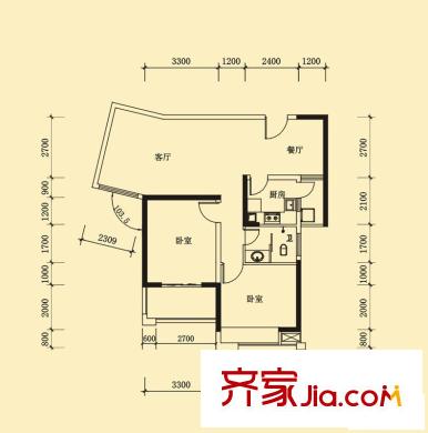 好望谷云邸10、11號棟A3戶型 2室2廳1衛(wèi)1廚