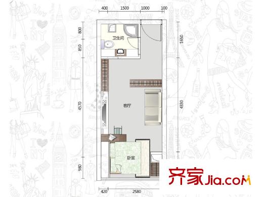 佐佑公寓1號(hào)棟A4戶型 1室1廳1衛(wèi)