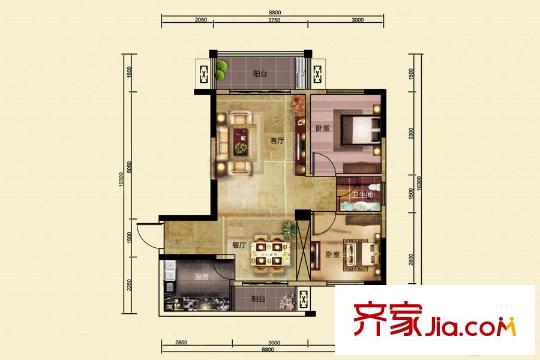 新遠時代一期A1戶型 2室2廳1衛(wèi)1廚