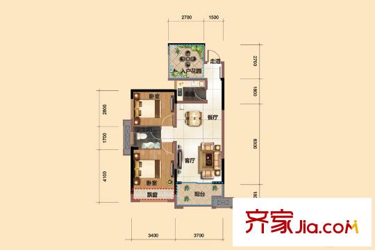 海德公園4棟E1戶型 2室2廳1衛(wèi)1廚