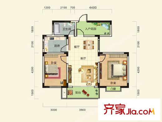 空港朗園E3戶型 2室2廳1衛(wèi)1廚