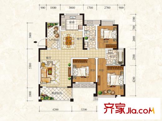 豐源國(guó)際E戶型 3室2廳2衛(wèi)1廚