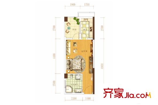 東業(yè)上城2號(hào)棟C戶型 1室1廳1衛(wèi)1廚