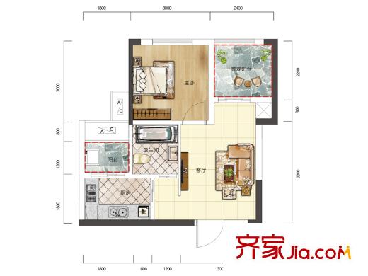 印山藍(lán)色海岸A1戶(hù)型 1室1廳1衛(wèi)1廚