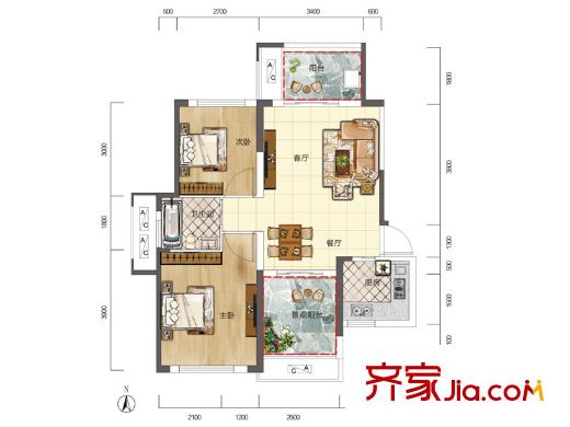 印山藍(lán)色海岸B1戶(hù)型 2室2廳1衛(wèi)1廚