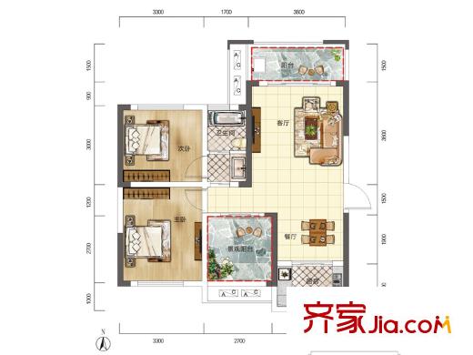 印山藍(lán)色海岸C3戶(hù)型 2室2廳1衛(wèi)1廚
