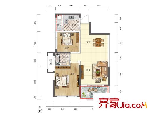 印山藍(lán)色海岸B3戶(hù)型 2室2廳1衛(wèi)1廚