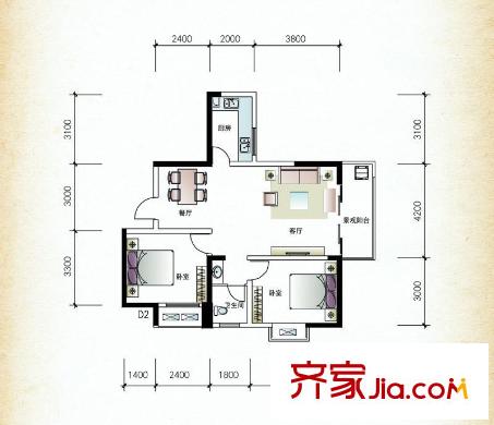 楚天世紀(jì)城C4戶型 2室2廳1衛(wèi)1廚