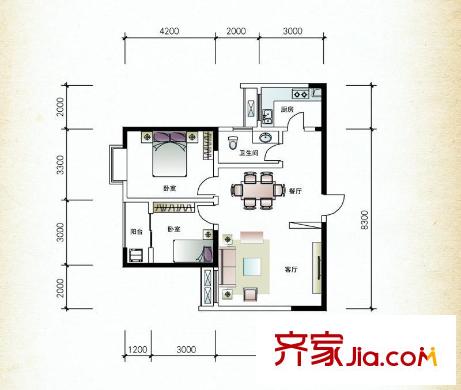 楚天世紀(jì)城C3戶型 2室2廳1衛(wèi)1廚