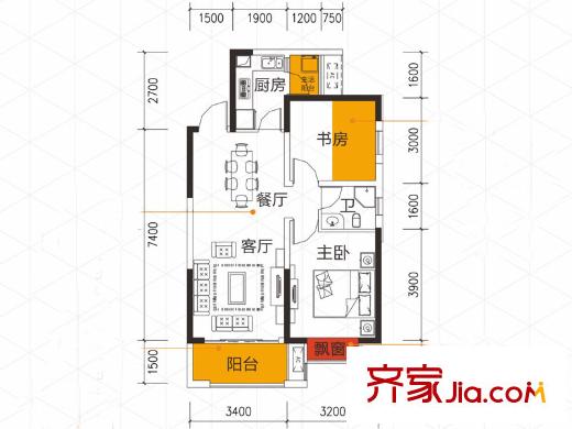 金科時(shí)代中心16棟1號(hào)戶型 2室2廳1衛(wèi)1廚