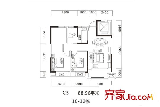 金科時(shí)代中心10、11、12棟C5戶型 2室2廳1衛(wèi)1廚