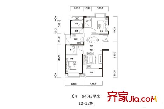 金科時(shí)代中心10、11、12棟C4戶型 2室2廳2衛(wèi)1廚