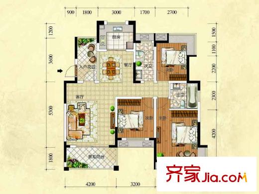 豐源國(guó)際E2戶型 3室2廳2衛(wèi)1廚