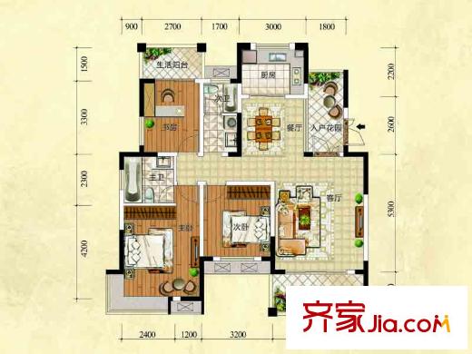 豐源國際F戶型 3室2廳2衛(wèi)1廚