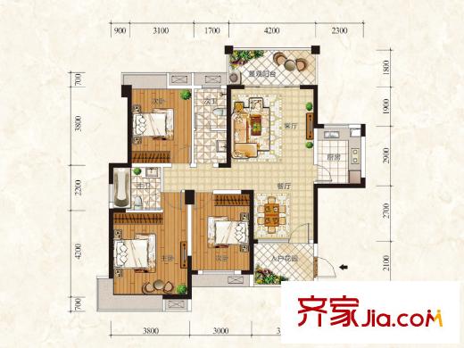 豐源國(guó)際1號(hào)棟A戶型 3室2廳2衛(wèi)1廚