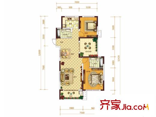 東業(yè)上城3、5、6、9-12號(hào)棟D戶型 2室2廳2衛(wèi)1廚