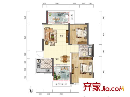印山藍(lán)色海岸B2戶(hù)型 2室2廳1衛(wèi)1廚