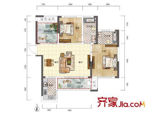 印山藍(lán)色海岸D1戶(hù)型 2室2廳2衛(wèi)1廚