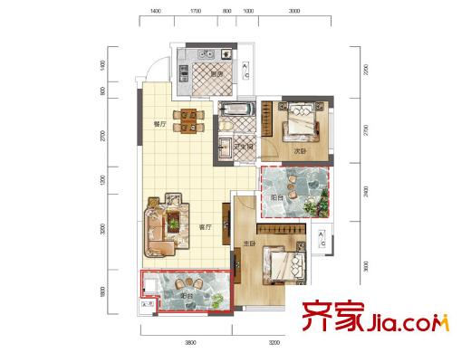 印山藍(lán)色海岸C4戶(hù)型 2室2廳1衛(wèi)1廚