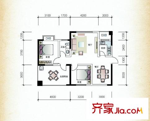 楚天世紀(jì)城C1戶型 2室2廳1衛(wèi)1廚