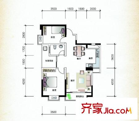 楚天世紀(jì)城4號棟B3戶型 2室2廳1衛(wèi)1廚