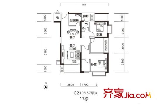 金科時(shí)代中心17棟G2戶型 2室2廳1衛(wèi)1廚