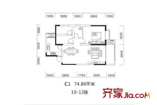 金科時(shí)代中心10、11、12棟C1戶型 2室2廳1衛(wèi)1廚