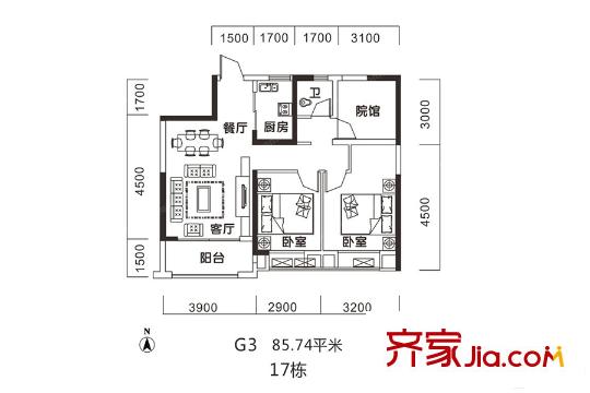 金科時(shí)代中心17棟G3戶型 2室2廳1衛(wèi)1廚