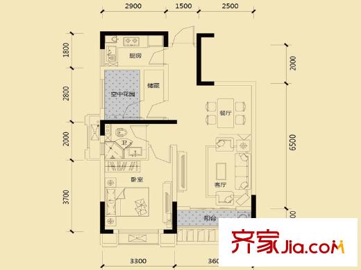 保利香檳國際A1-C-02戶型 2室2廳1衛(wèi)1廚