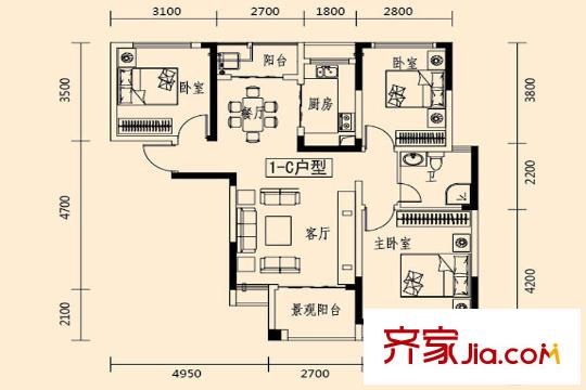湘府鄰伴1-c戶型 3室2廳1衛(wèi)1廚