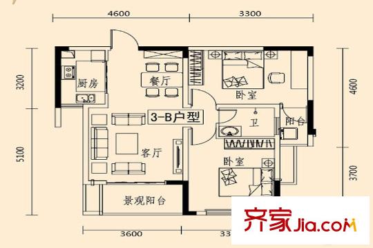 湘府鄰伴3-B戶型 2室2廳1衛(wèi)1廚