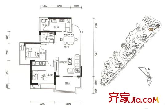 湘港C-2戶型 2室2廳1衛(wèi)1廚