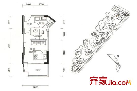 湘港B-1戶型 1室1廳1衛(wèi)1廚