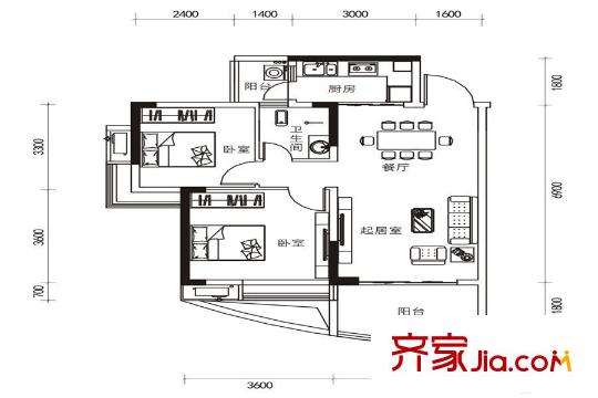 湘港F戶型 2室2廳1衛(wèi)1廚