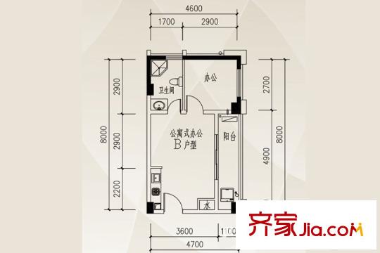 中揚(yáng)國(guó)際公寓式辦公B戶型 1室1廳1衛(wèi)
