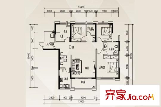中揚(yáng)國際和苑B戶型 4室2廳2衛(wèi)1廚