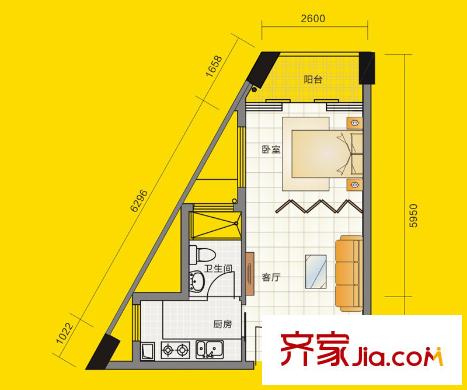 中信新城精裝公寓A2戶型 1室1廳1衛(wèi)