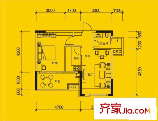 中信新城青年公社a1戶型圖 1室1廳1衛(wèi)