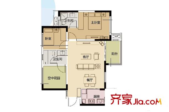 華潤置地廣場星辰87平戶型 3室2廳2衛(wèi)1廚