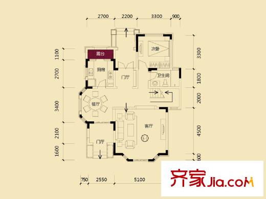 保利香檳國際K-1戶型1層 1室2廳1衛(wèi)1廚