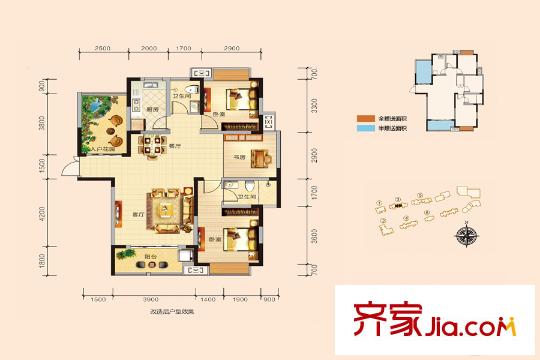 天鴻中央大院3-C戶型 3室2廳2衛(wèi)1廚