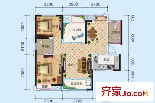 南城印象A8戶型 2室2廳1衛(wèi)1廚