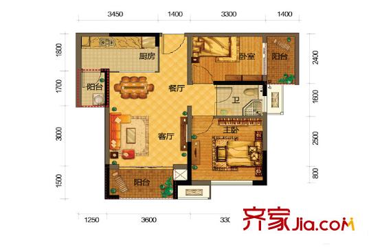 梅溪鑫苑名家B1戶型 2室2廳1衛(wèi)1廚