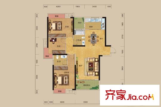 深業(yè)睿城E1、E2、E3、E4棟H2-A戶型 3室2廳2衛(wèi)1廚