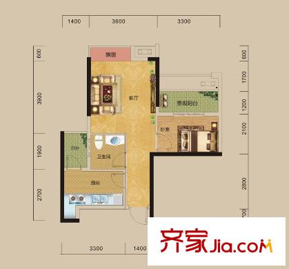 深業(yè)睿城E1、2、3、4棟H2-C戶型 1室1廳1衛(wèi)1廚
