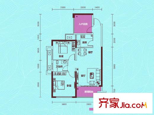 國(guó)泰九龍灣B1戶型 2室2廳1衛(wèi)1廚