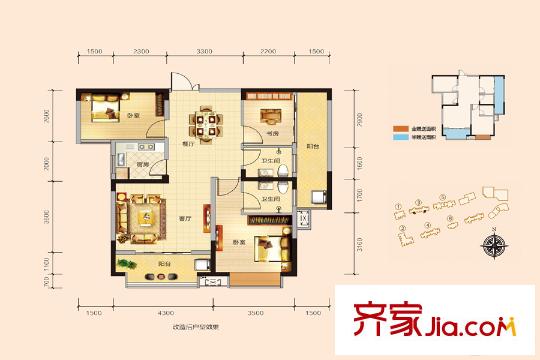 天鴻中央大院3-B戶型 3室2廳2衛(wèi)1廚