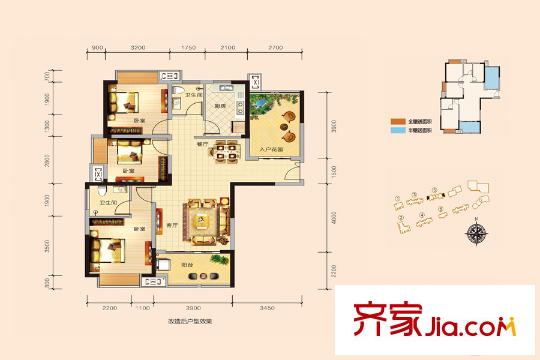 天鴻中央大院5-A戶型 3室2廳2衛(wèi)1廚