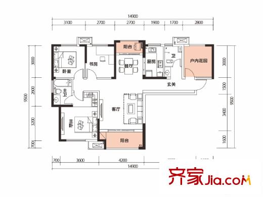 梅溪鑫苑名家C3戶型 4室2廳2衛(wèi)1廚